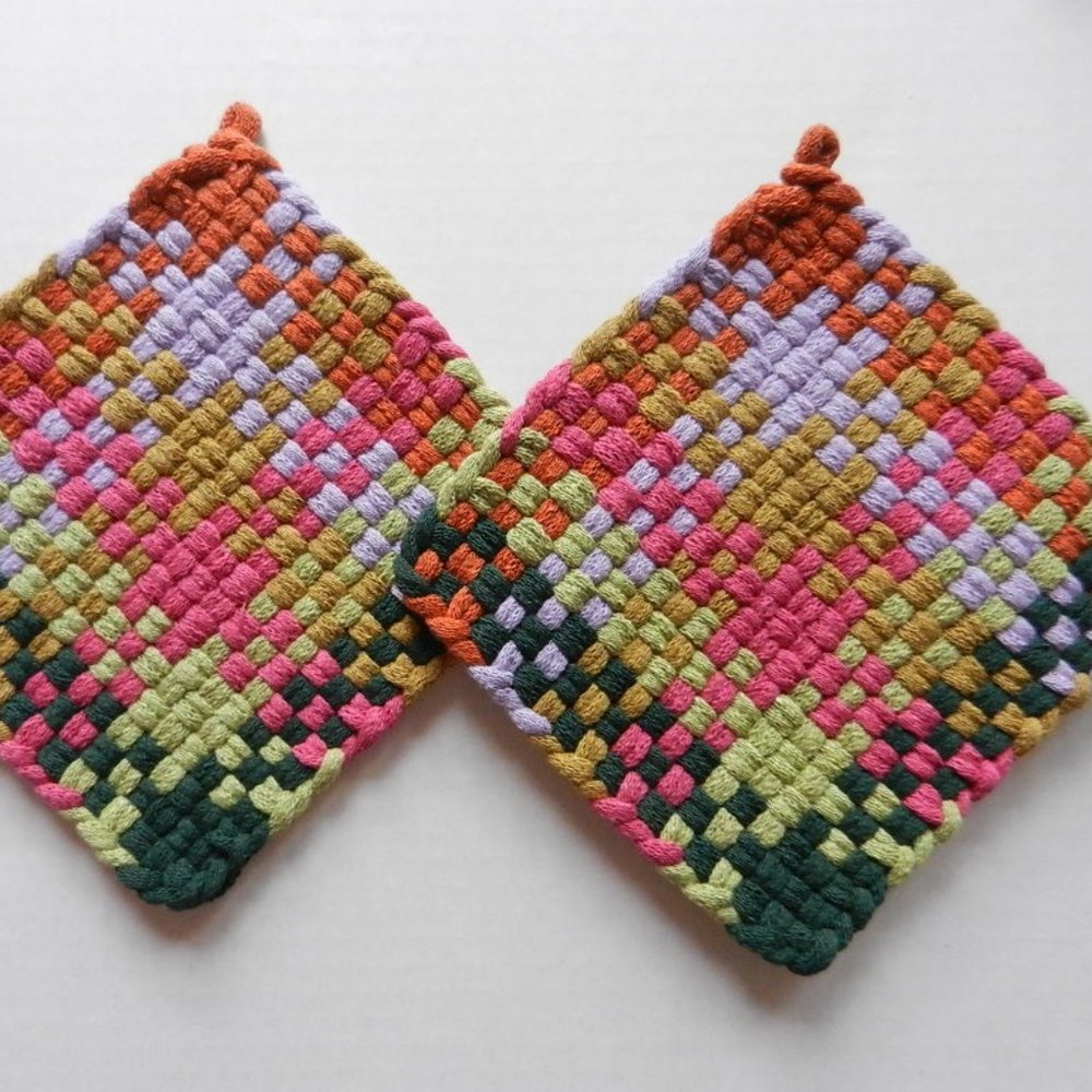 Set of 2 Handmade Artisan Cotton Woven Loomed Potholders Hot Pads Trivets